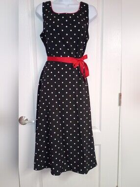 Studio I Black Polka Dot Midi Dress with Red Waist Tie